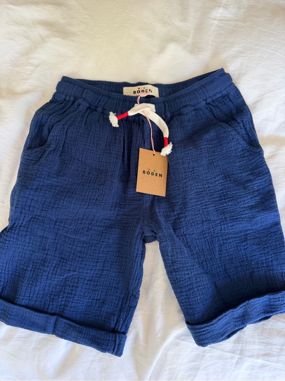 Mini Boden Navy Cotton Gauze Drawstring Shorts with Contrast Tie